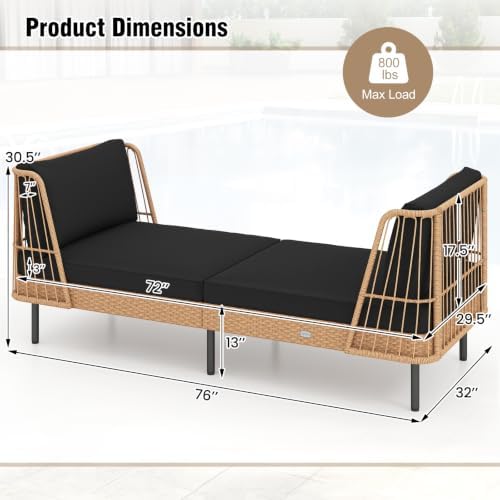 Tangkula Patio Rattan Daybed, Boho Wicker Lounge Sofa, Natural & Black - Image 5