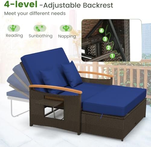 Tangkula Patio Rattan Daybed, Outdoor Wicker Loveseat, Mix Brown & Navy - Image 4
