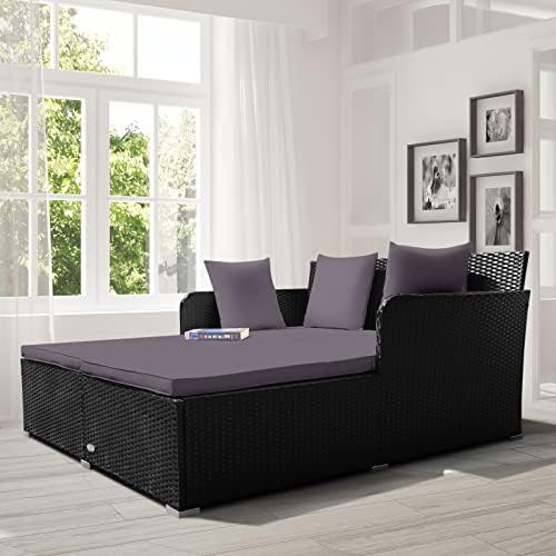 COSTWAY Outdoor Patio Rattan Daybed, Sponge Cushioned Loveseat Sofa - Image 4