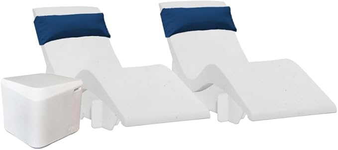 Aqua Outdoors in-Pool DEEP Ledge Chaise Set - Two Chaises - Two Headrest Pillows - Chaise Risers and One Large in Pool Side Table - for ledges 9"-14" inches Deep (White Granite-Navy)