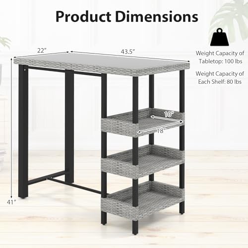 Tangkula 43.5” Outdoor Bar Table, Wicker Bar Height Dining Table, Mix Gray - Image 3