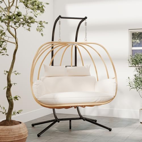 Hanging Chairs with Stand, All Weather Double Egg Chair Outdoor, Metal Hanging - Image 2