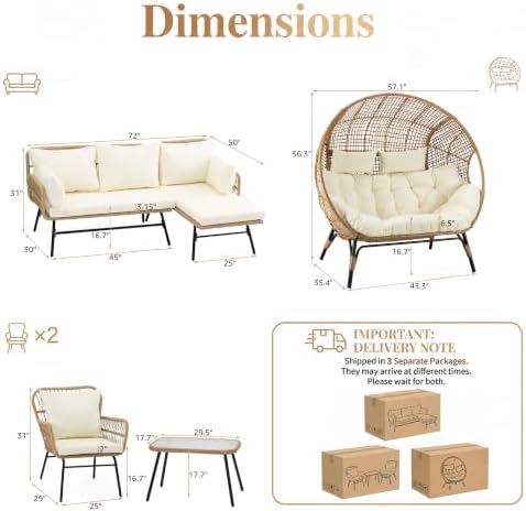 6 Piece Boho Patio Furniture Set, 500lbs Heavy Duty Wicker Outdoor Sectional - Image 4