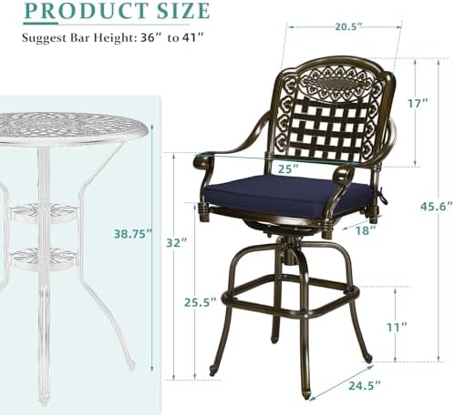 Outdoor Swivel Bar Stools Set of 2, All-Weather Cast Aluminum Bar Height Bistro - Image 3