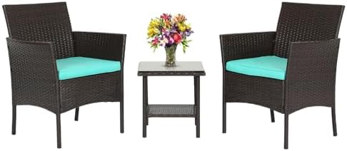 FDW 3-Piece Patio Furniture Set | Brown & Blue | Outdoor Wicker Furniture by FDW