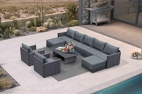PURPLE LEAF Patio Set 10 PCS w/Table & Ottoman, Deep Seating Rope by PURPLELEAF