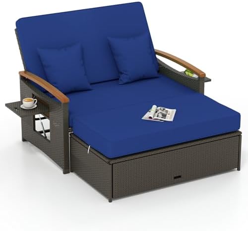 Tangkula Patio Rattan Daybed, Outdoor Wicker Loveseat, Mix Brown & Navy by TANGKULA