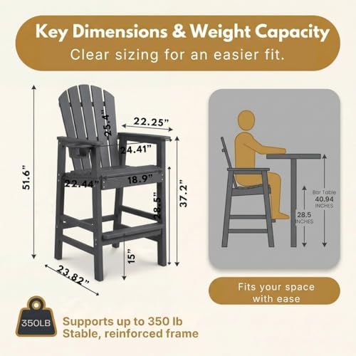 Patio Bar Chair Bar Stool, Outdoor All Weather HDPE Height Adirondack Chair - Image 3