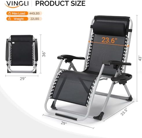 VINGLI 29" Padded Zero Gravity Chair, Lounge Chair - Image 6