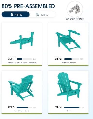 MUCHENGHY Folding Adirondack Chairs Set of 2, HDPE Patio Chair, Lake Blue - Image 5
