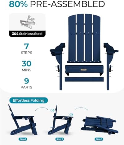 Folding Adirondack Chairs Set of 2, 2 Cup Holders, Tibetan Blue - Image 6