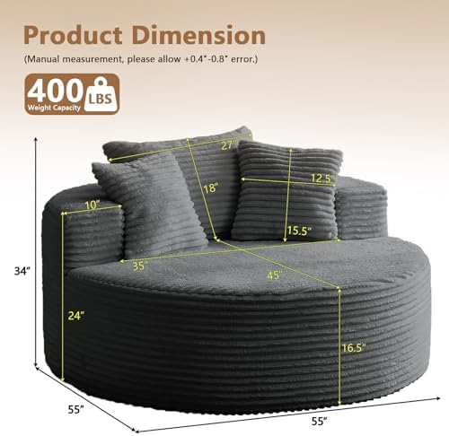 Oversized Round Chair Lounge Chaise Indoor, Upholstered Corduroy Deep Seat - Image 2