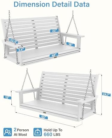 YEFU 48in/4FT 2 Seater Hanging Porch Swing Set of 2- White - Image 7