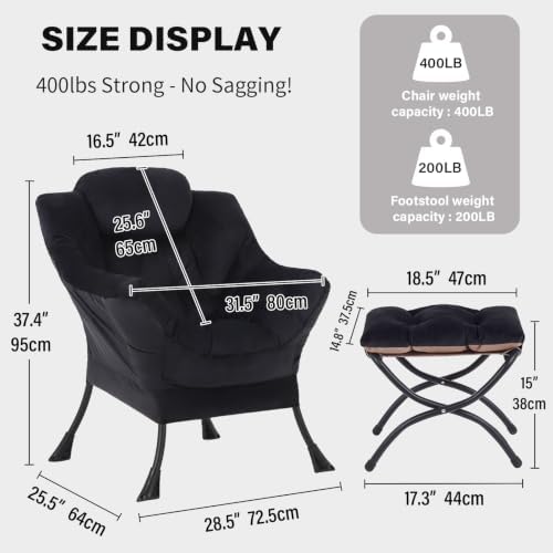Tiita Lazy Chair with Ottoman, Comfy Reading Accent Chair, Velvet Black - Image 3