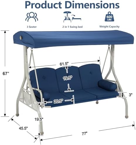 Patio Swings with Canopy, Modern Porch Swing with Stand, 3 Person Outdoor Swing - Image 2