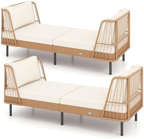 Tangkula Patio Rattan Daybed, 2 Pack Wicker Lounge Sofa, Natural-Off White by TANGKULA