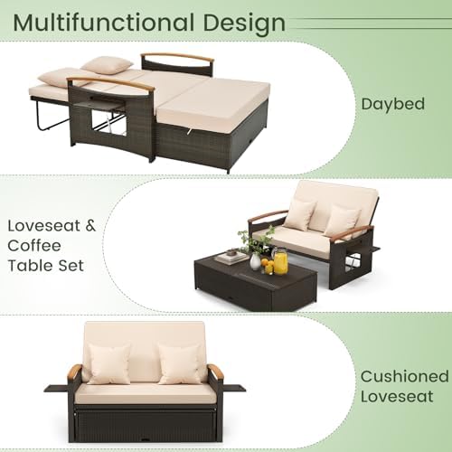 Tangkula Patio Rattan Daybed, Outdoor Wicker Loveseat, Mix Brown & Beige - Image 6