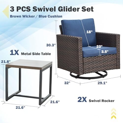 Outdoor Bistro Set 3 Piece Wicker Swivel Rocker Patio Chairs, Oversize Outdoor - Image 2