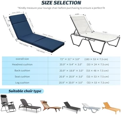 1 Pack Blue Outdoor Chaise Lounge Cushions - Image 3