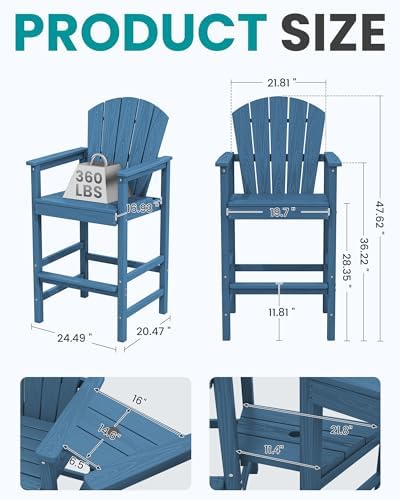SERWALL Tall Adirondack Chairs Set of 4, HDPE Bar Height Outdoor Chairs - Image 2
