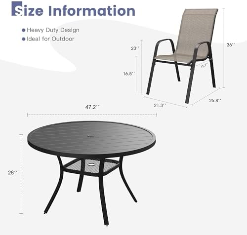 VICLLAX Patio Dining Set, 6 Brown Stackable Chairs & 48" Metal Black Table - Image 2