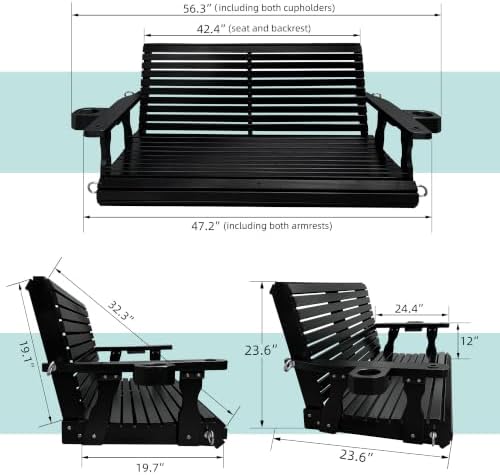 Fortune Candy Wooden Porch Swing, Iron Black, 4 FT Extra Large - Image 3