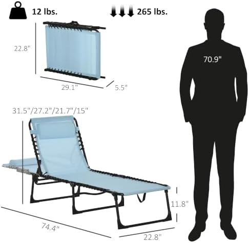 Outsunny Folding Chaise Lounge Chair Outdoor Mesh Seat Baby Blue - Image 3