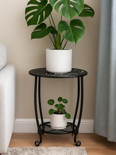 2-Tier Metal Round Side Table Set of Two Black Accent Coffee Tables Small Space - Image 2