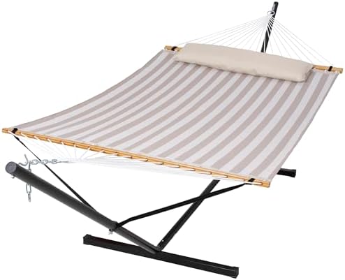Outdoor Portable Hammock with Stand, Light Gray Stripes by SUNCREAT