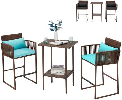 3 Piece Patio Wicker Bar Set, Outdoor Bistro Set of 2 by AVAWING