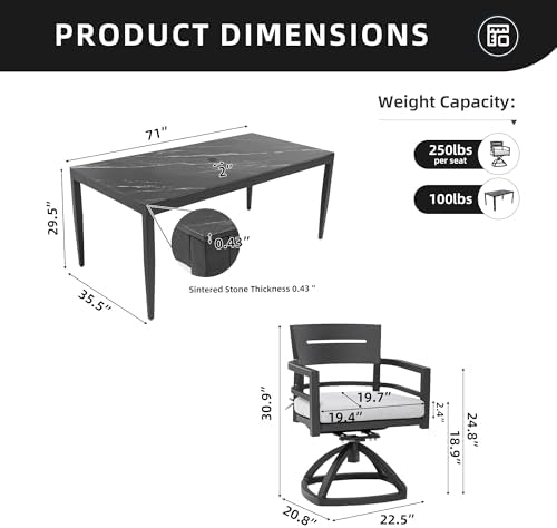 7PC Aluminum Outdoor Patio Dining Set, 71”Rectangular Black Marble Dining Table - Image 2