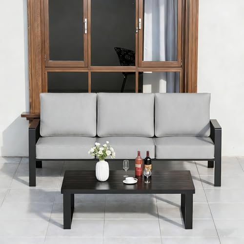 Outdoor Couch 3-Seat All-Weather Metal Outdoor Sofa Wite Outdoor Coffee Table - Image 4