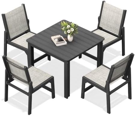HDPE Outdoor Dining Set, Patio Square Table and 4 Textilene Chairs by Suunyn