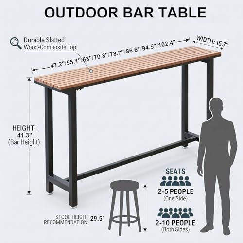 Outside Patio Bar Table Extra Long 47.2"-102.4", Outdoor Wood High Bar Table - Image 2