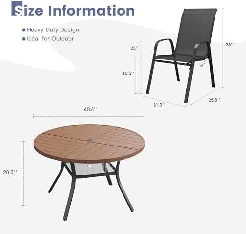 VICLLAX Patio Dining Set, 4 Black Stackable Chair & 40.7" Round Walnut Table - Image 2