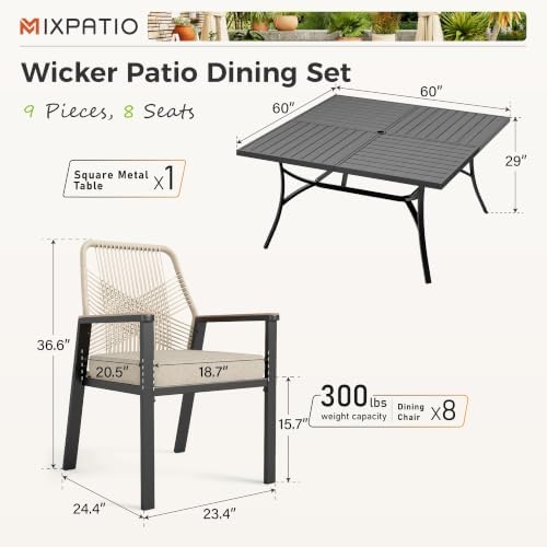9pc Patio Dining Set, 57.5" Square Metal Table, 8 Rattan Chairs - Image 6