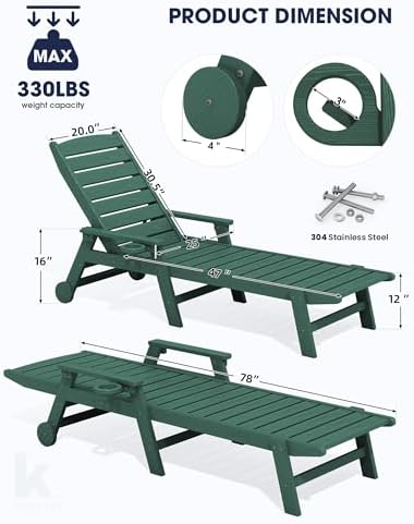 KINGYES HDPE Lounge Chair Outdoor Set of 4, All Weather Pool Lounger - Image 2
