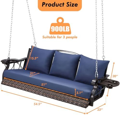 ZZW 3-Person Wicker Porch Swing Chair Heavy Duty 900 LBS Outdoor Rattan Patio - Image 6