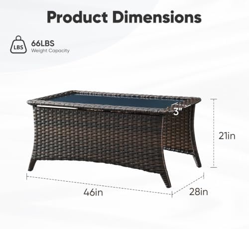 Outdoor Coffee Table with Tempered Glass Top, Patio Rectangular Brown Wicker - Image 2
