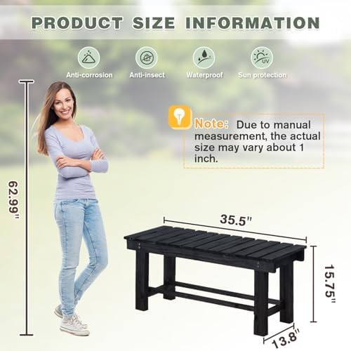 Outdoor Garden Wood Bench, 35.5" Backless Weatherproof Bench Black - Image 2