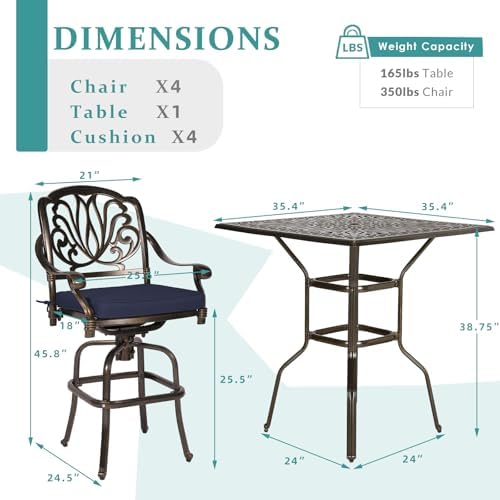 5-Piece Patio Swivel Bar Set, All-Weather Cast Aluminum Outdoor High Bar Stool - Image 4