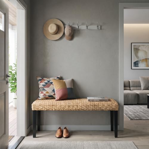 Solid Wood Acacia Indoor Bench, Water Hyacinth Seat, Plait Style - Image 4
