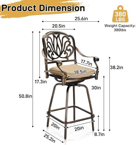 6 Piece Outdoor Patio Swivel Bar Stools, All-Weather Cast Aluminum Bar Height - Image 3