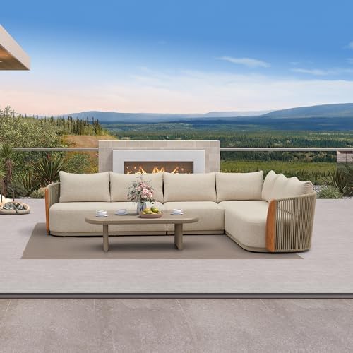 PURPLE LEAF Patio Furniture Set 5-Piece Teak Aluminum Coffee Table L-Shaped by PURPLELEAF