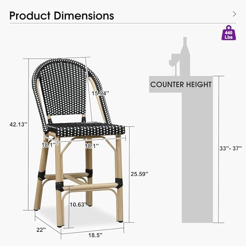 PURPLE LEAF Patio French Counter Stool Set of 2 Champagne Frame Black Woven - Image 2
