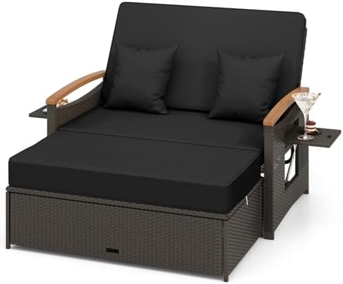 LDAILY Moccha Outdoor Wicker Daybed, Patio Rattan Loveseat Sofa w/ 4-Level by LDAILY