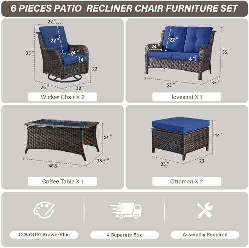 6 Piece Wicker Patio Furniture Set, Outdoor Swivel Rocker Chairs Set of 2 - Image 2