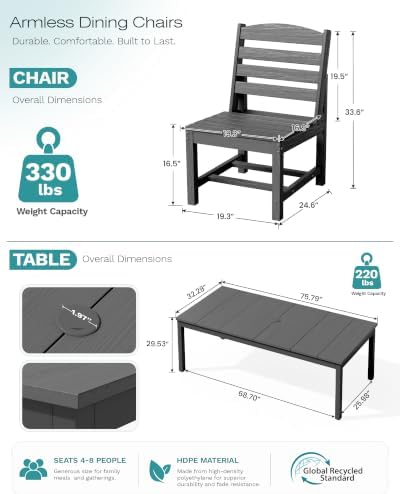 SERWALL Outdoor Dining Set, 7 Piece Armless Dining Set - Image 2
