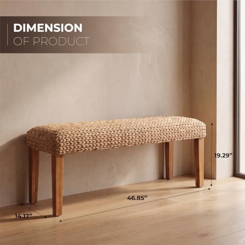 Solid Wood Acacia Indoor Bench, 47 Inch Water Hyacinth Seat, Fishbone Style - Image 2
