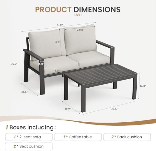 Aluminum Outdoor Loveseat with Coffee Table Small Furniture Patio Love Seat - Image 2